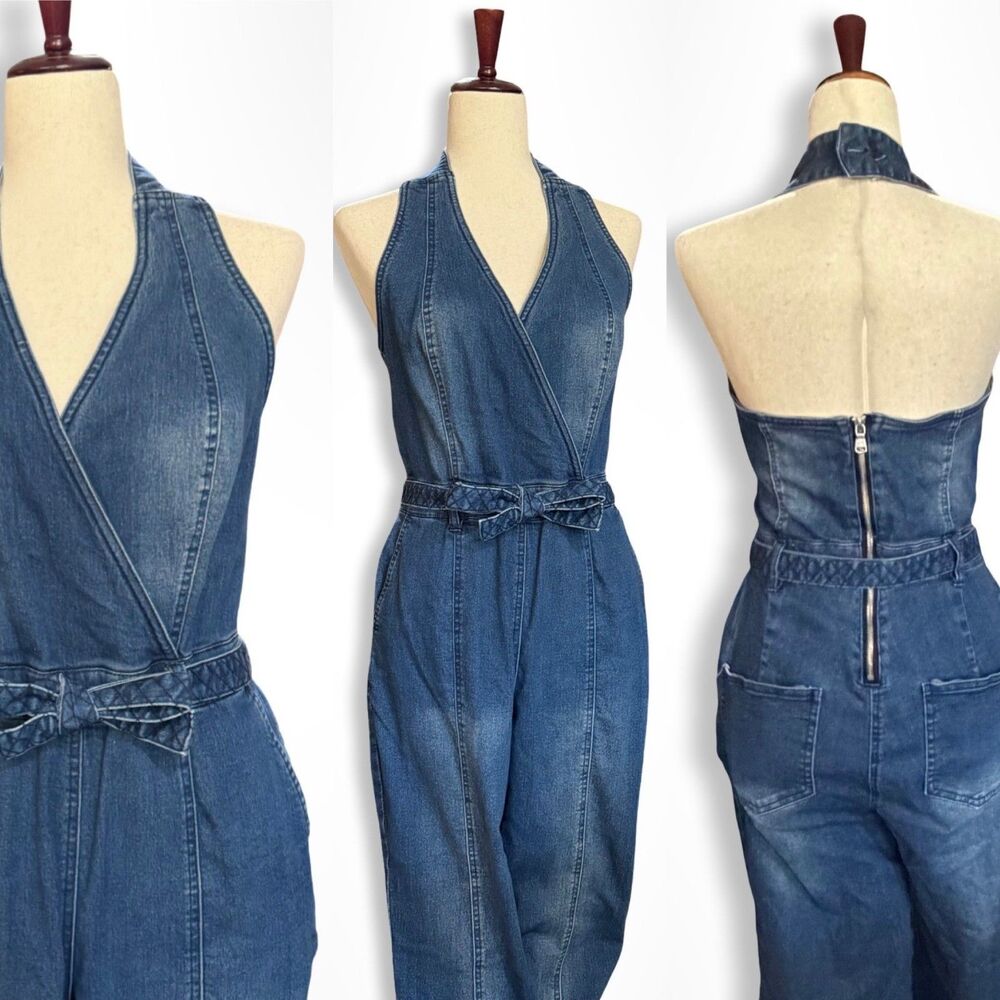 Y2K VENUS Denim Halter Bootcut Jumpsuit 10 L, Disco Hippie 2000s - Picture 2 of 11